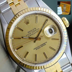 ROLEX MENS DATEJUST WATCH GOLD STEEL CHAMPAGNE INDEX DIAL FLUTED 36MM 16233